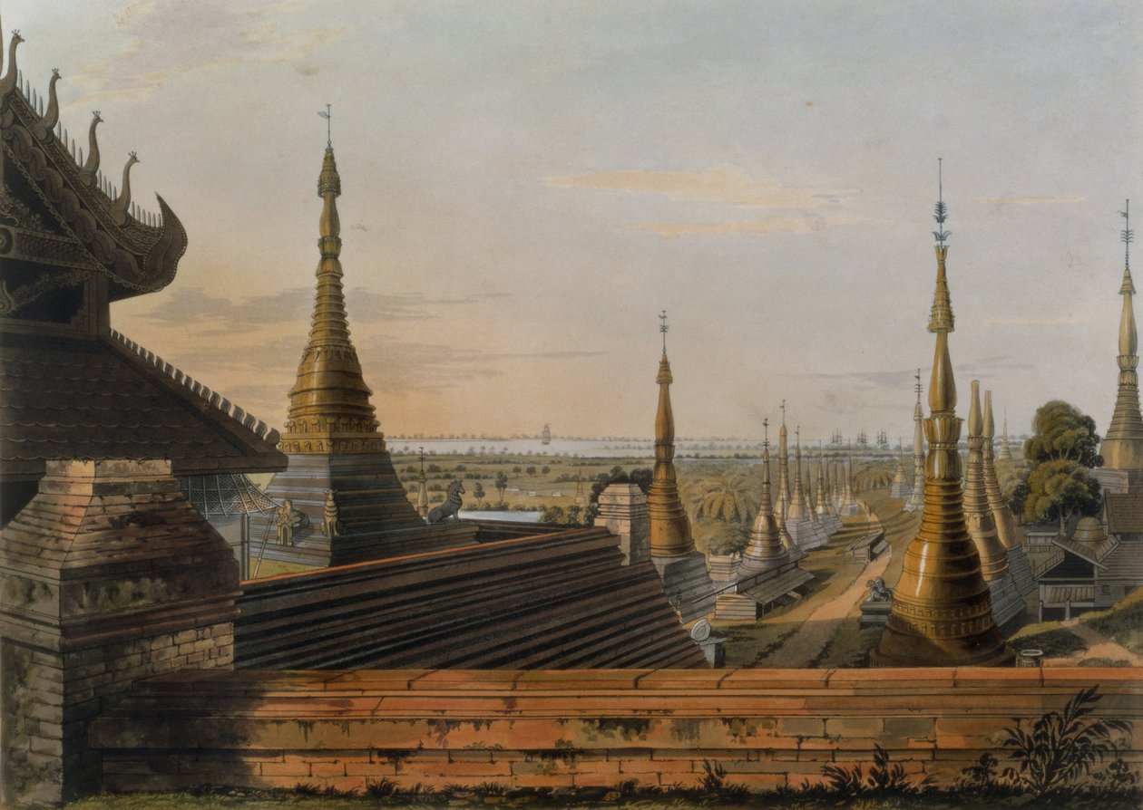 Scéna na východní cestě z Rangúnu při pohledu na jih, deska 13 z „Rangoon Views“, vyryla George Hunt, 1825 (akvatinta) od Joseph Moore