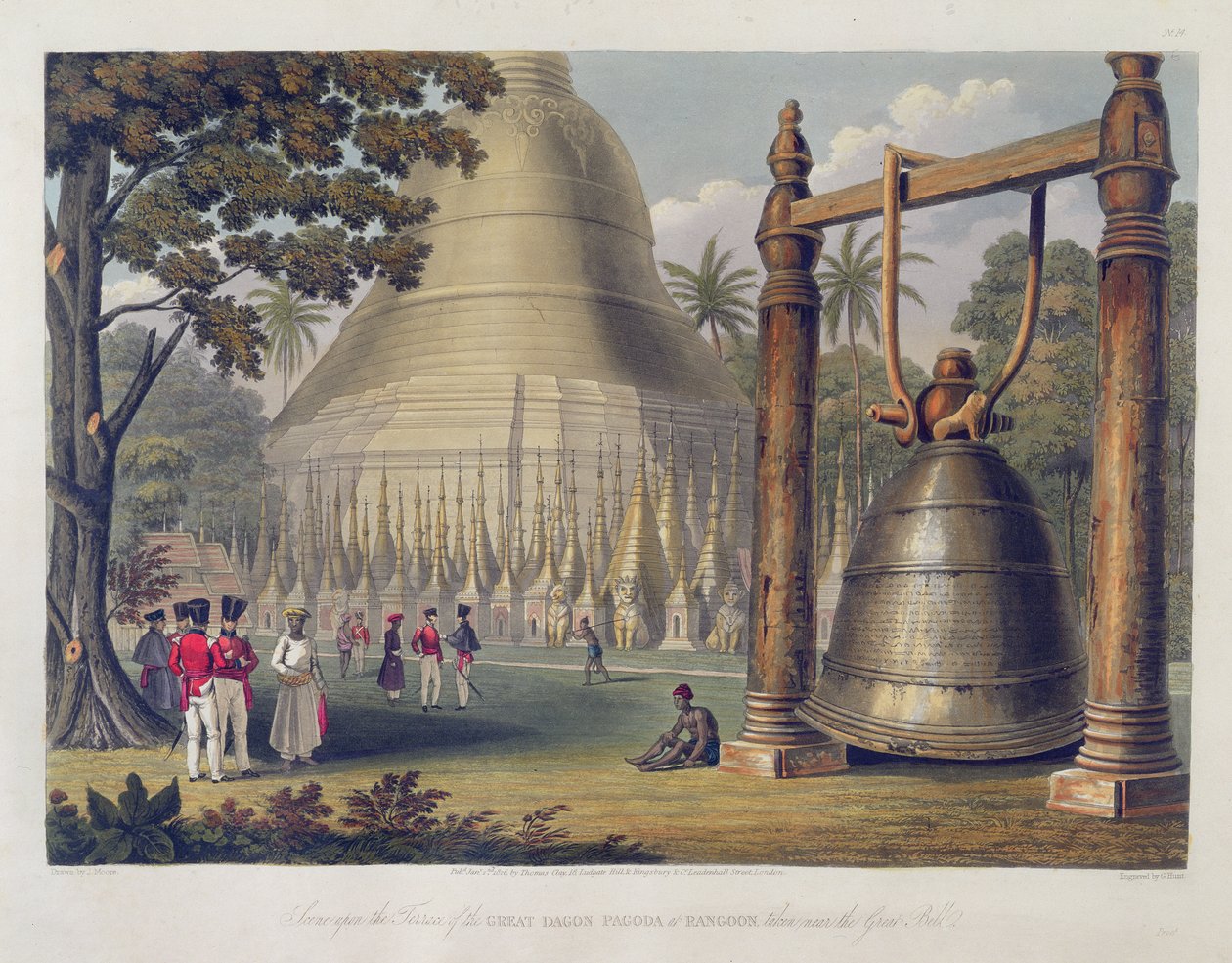 Scéna na terase pagody Velkého Dagona v Rangúnu, pořízená poblíž Velkého zvonu, deska 14 z „Rangoon Views“, vyryla George Hunt, 1826 (akvatinta) od Joseph Moore