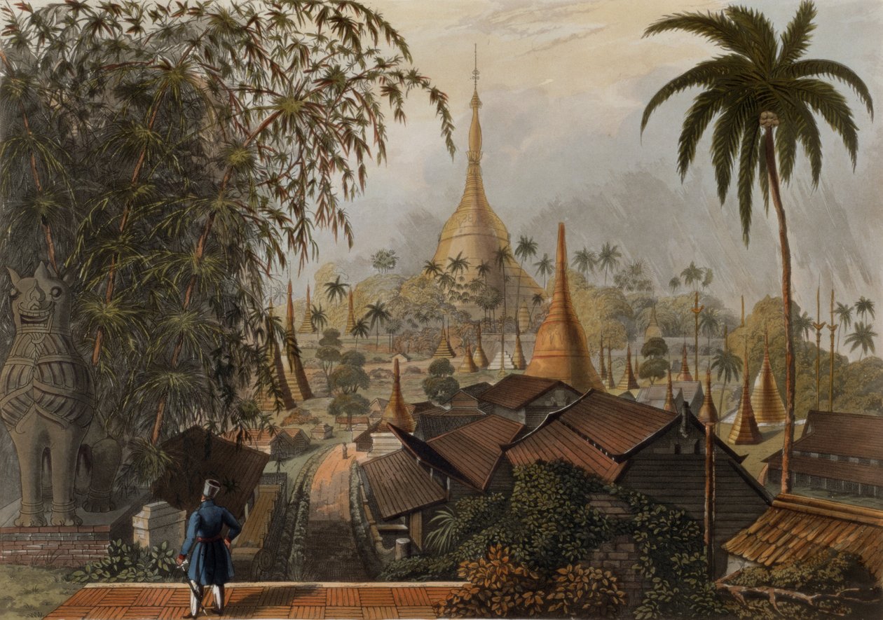 Pohled na pagodu Velkého Dagona a přilehlé scenérie pořízené na východní cestě z Rangúnu, deska 16 z „Rangoon Views“, vyryto T. Fieldingem, 1825 (akvatinta) od Joseph Moore