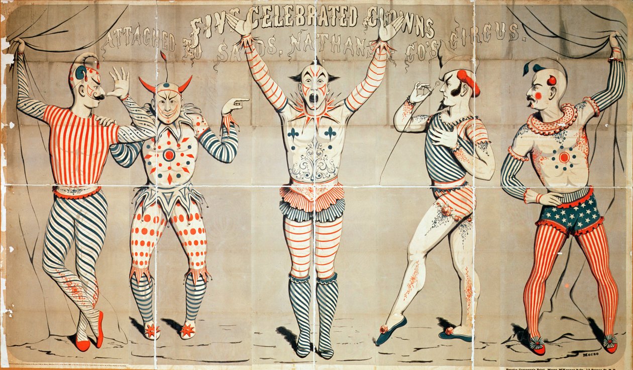 Pět slavných klaunů připojených k pískům, Cirkus Nathana a spol., 1856 (barevný dřevoryt) od Joseph Morse