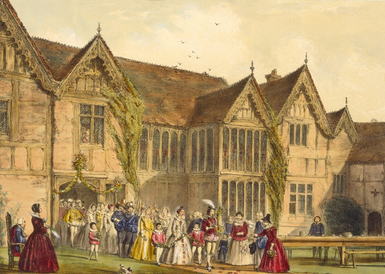 Venkovská svatba, Ockwells Manor v Berkshire, kolem roku 1600, z „Architecture of the Middle Ages“, 1838 od Joseph Nash