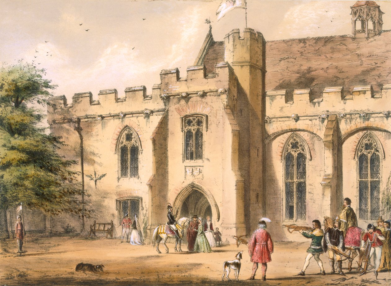 Cvičení s kuší, Penhurst Place, Kent, v 17. století, z „Architecture of the Middle Ages“, vydané v roce 1838 od Joseph Nash