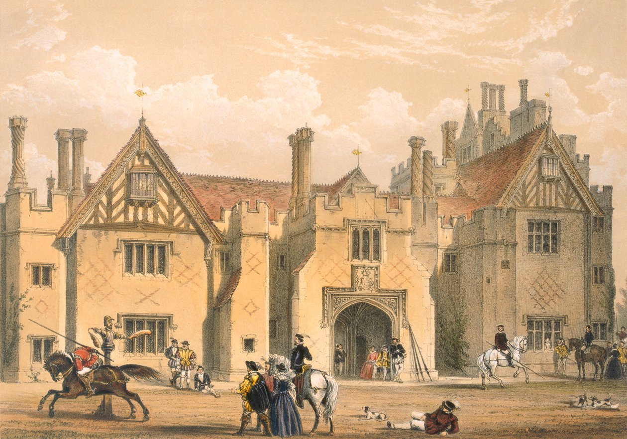 Rytířské cvičení, Compton Wynyates, Warwick, polovina 17. století, z „Architecture of the Middle Ages“, vydané v roce 1838 od Joseph Nash