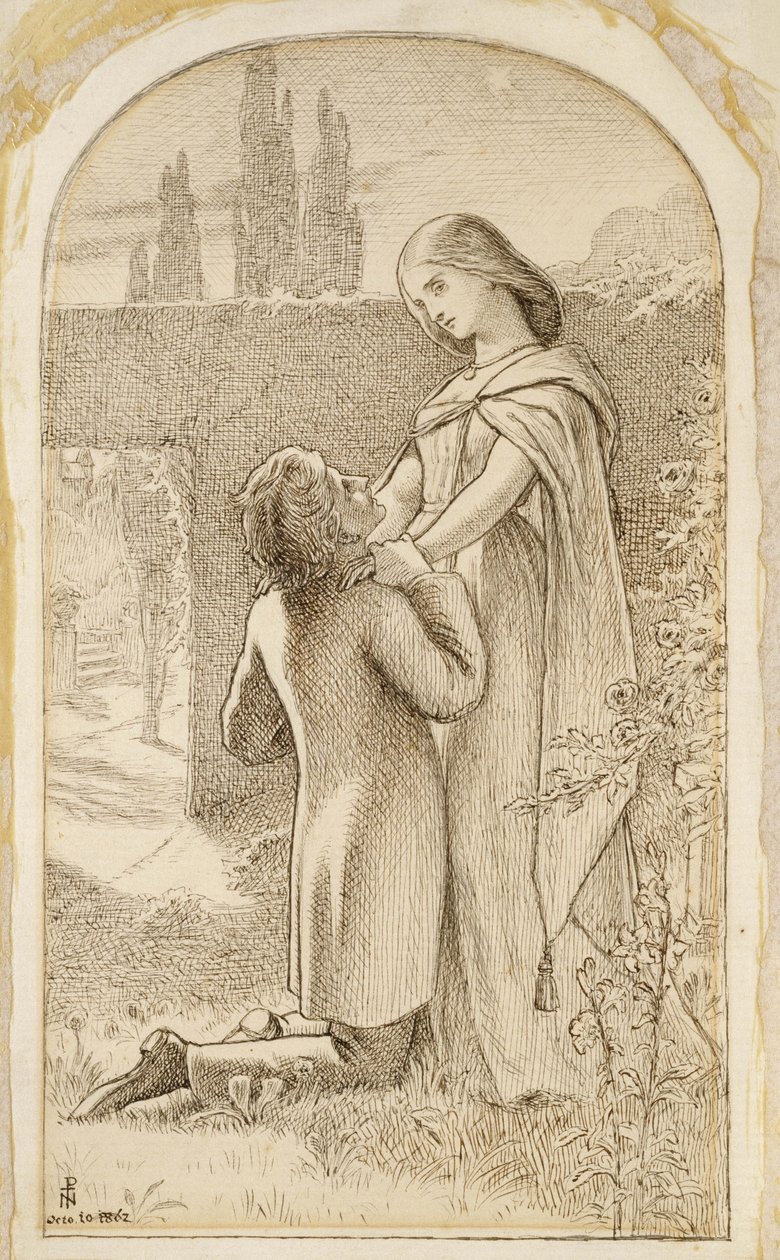Dva milenci v zahradě osvětlené hvězdami, 1862 (pero a tmavě hnědý inkoust na papíře) od Joseph Noel Paton
