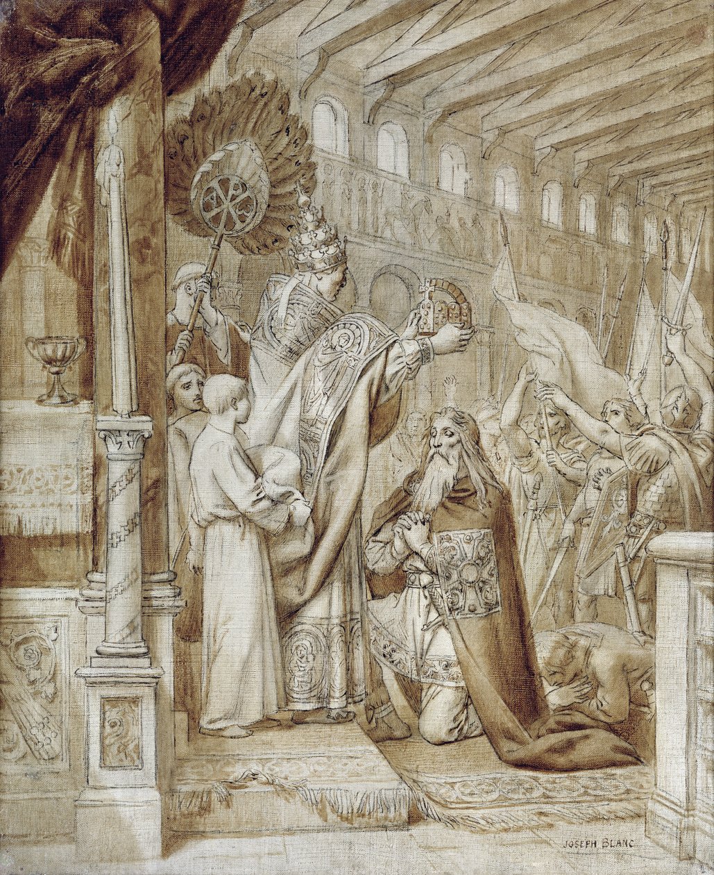 Korunovace Karla Velikého (742-814) (pero a inkoust na plátně) od Joseph Paul Blanc