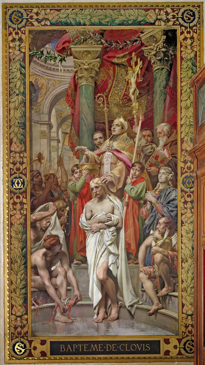 Křest Chlodvíka I. (465-511) v roce 496 př. n. l., z pravé příčné lodi (nástěnná malba) od Joseph Paul Blanc