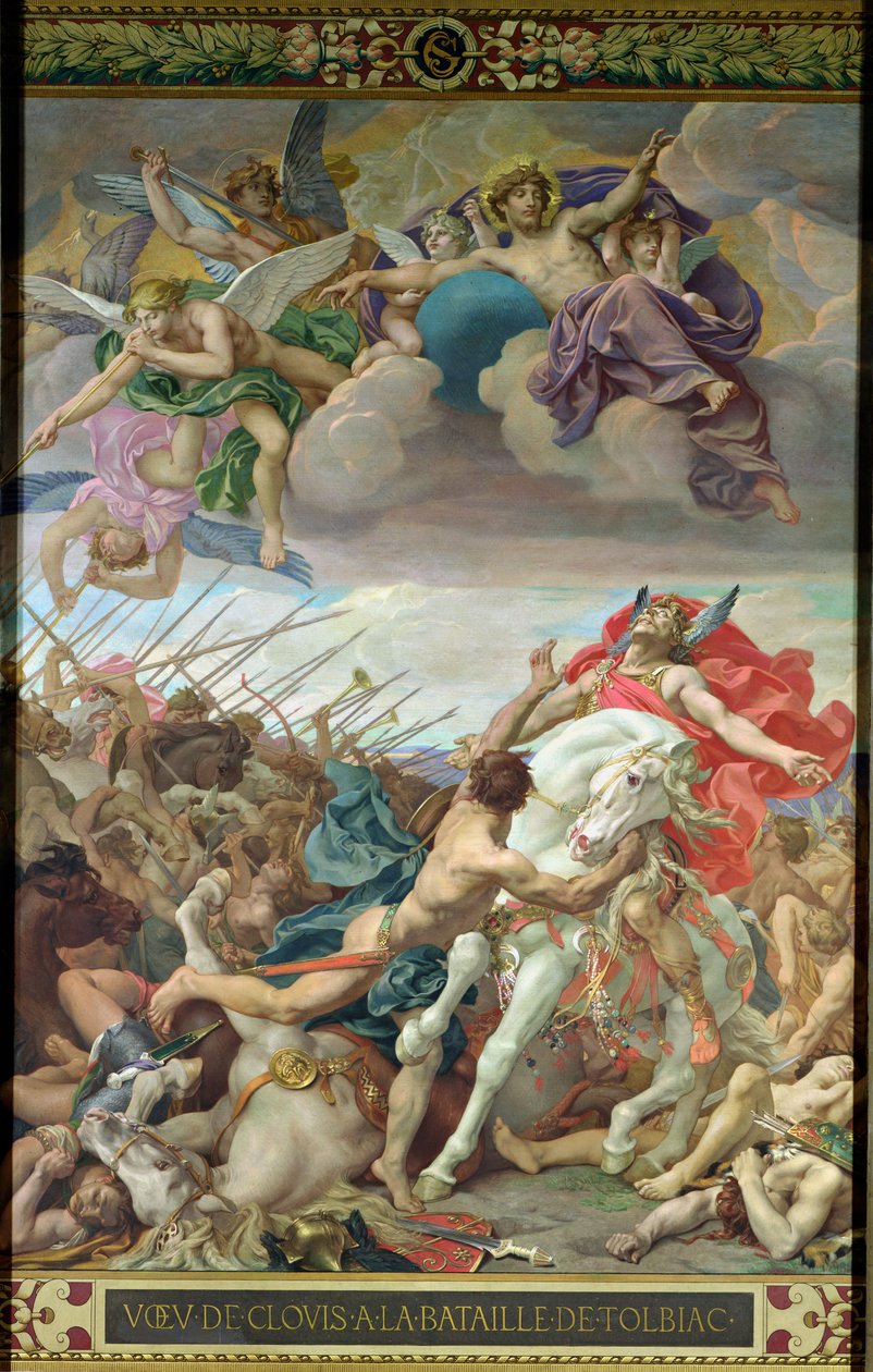 Klovisův slib (465-511) v bitvě u Tolbiaku v roce 506, z pravého transeptu (nástěnná malba) od Joseph Paul Blanc