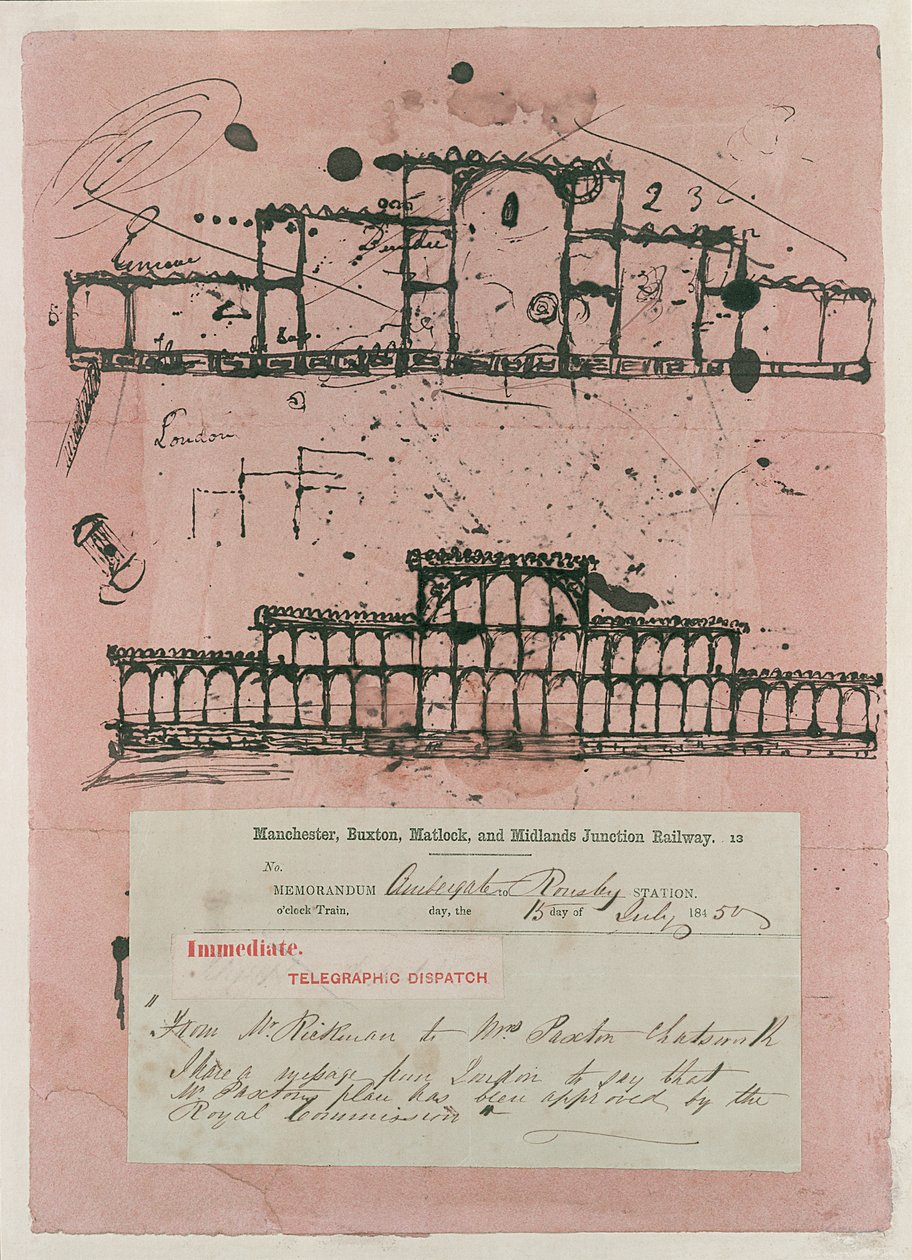 Velká výstava, 1851: první skica budovy, 1850 (inkoust na savý papír) od Joseph Paxton