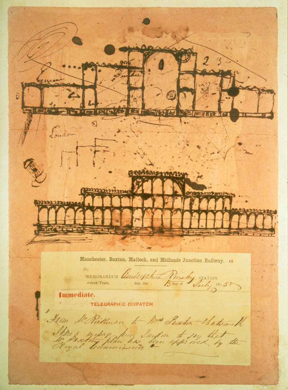 Náčrt pro křišťálový palác, postavený pro Velkou výstavu v roce 1851, 1850 (inkoust na savý papír) od Joseph Paxton