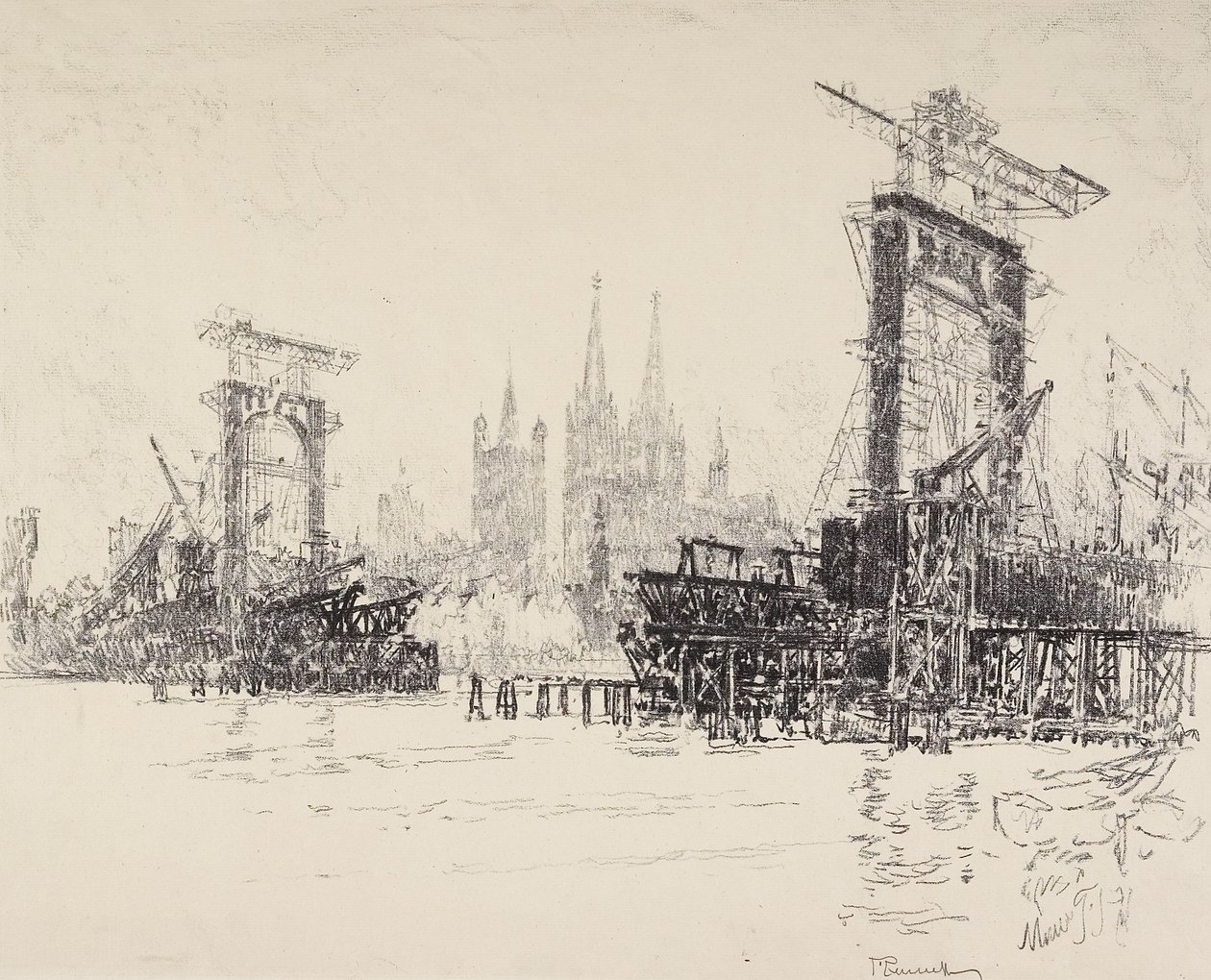 Stavba mostu v Kolíně nad Rýnem, 1914 od Joseph Pennell