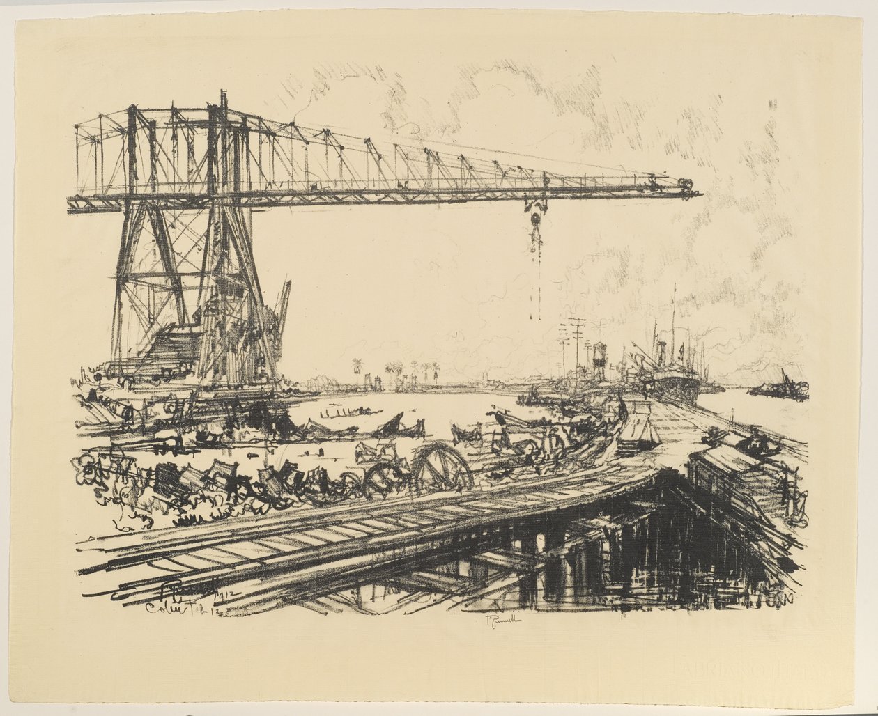 Panama - Francouzský průplav a americké jeřáby, 1912 (litho na papíře) od Joseph Pennell