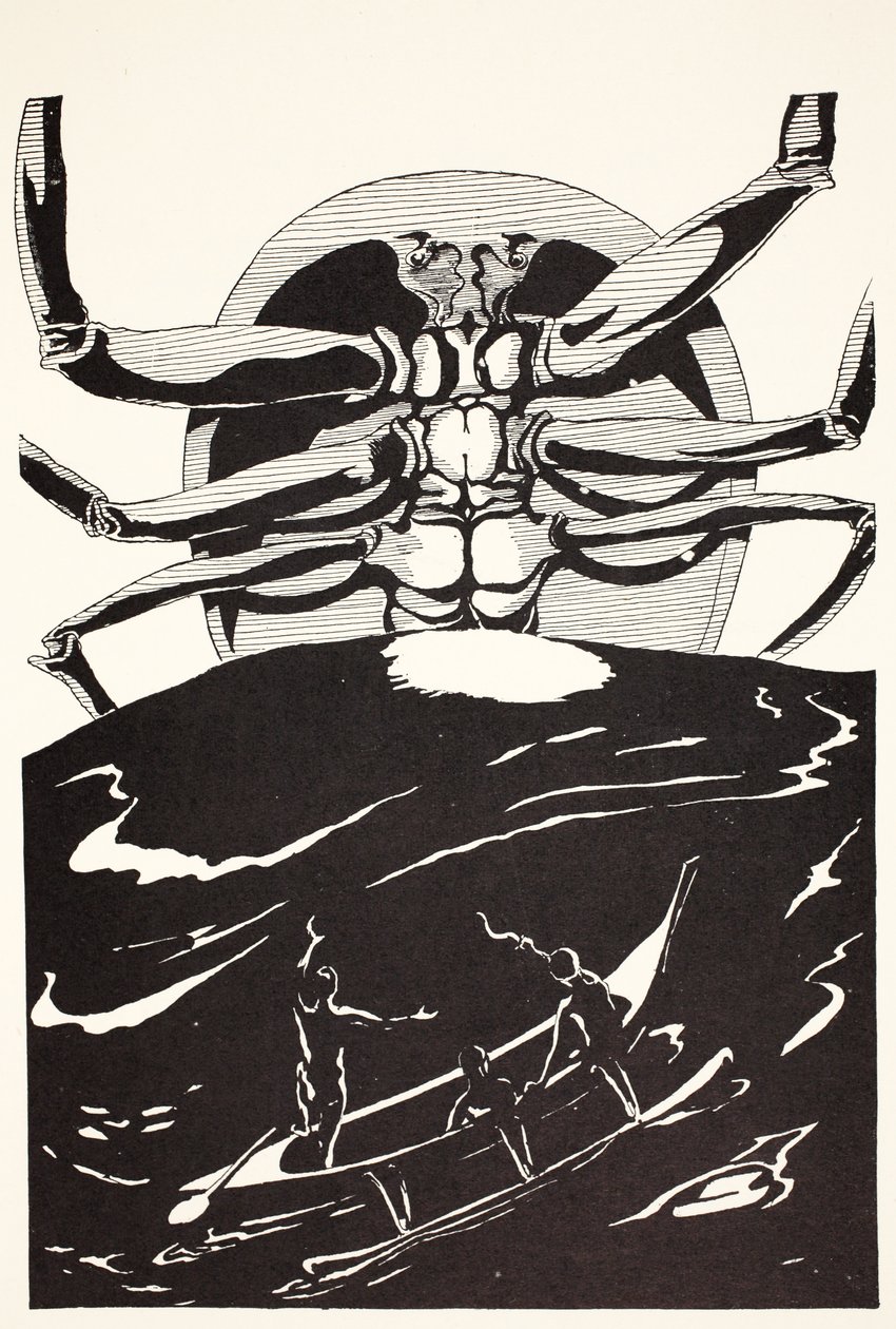 Krab Pau Amma stoupající z moře vysoký jako kouř tří sopek, ilustrace z 