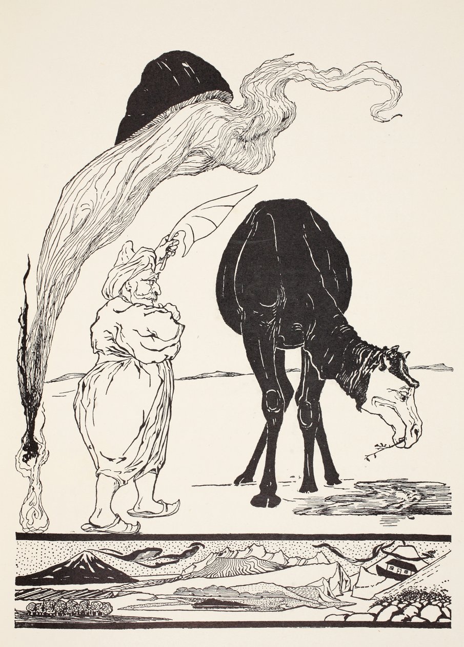 Djinn, který má na starosti All Deserts, řídí magii se svým kouzelným ventilátorem, ilustrace z 