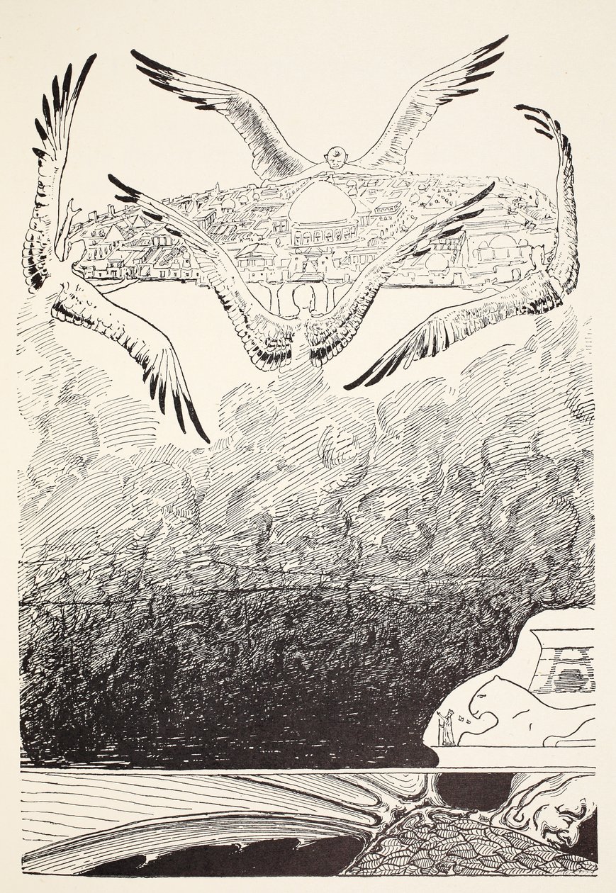 Čtyři džinové s racky, kteří zvedají Suleiman-bin-Daoudův palác minutu poté, co motýl orazítkoval, ilustrace z 