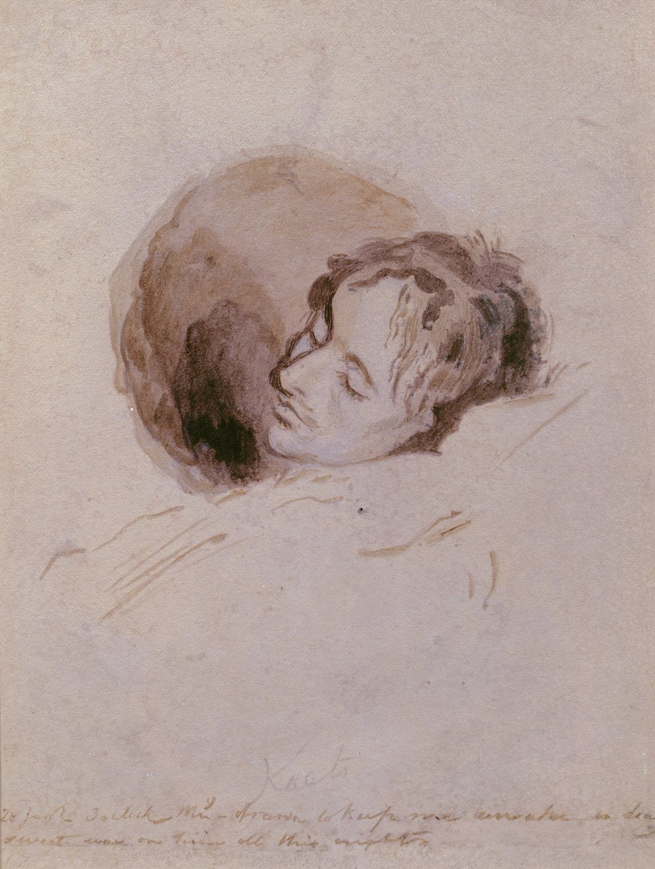 Keats na své smrtelné posteli, 1821 (inkoust na papíře) od Joseph Severn