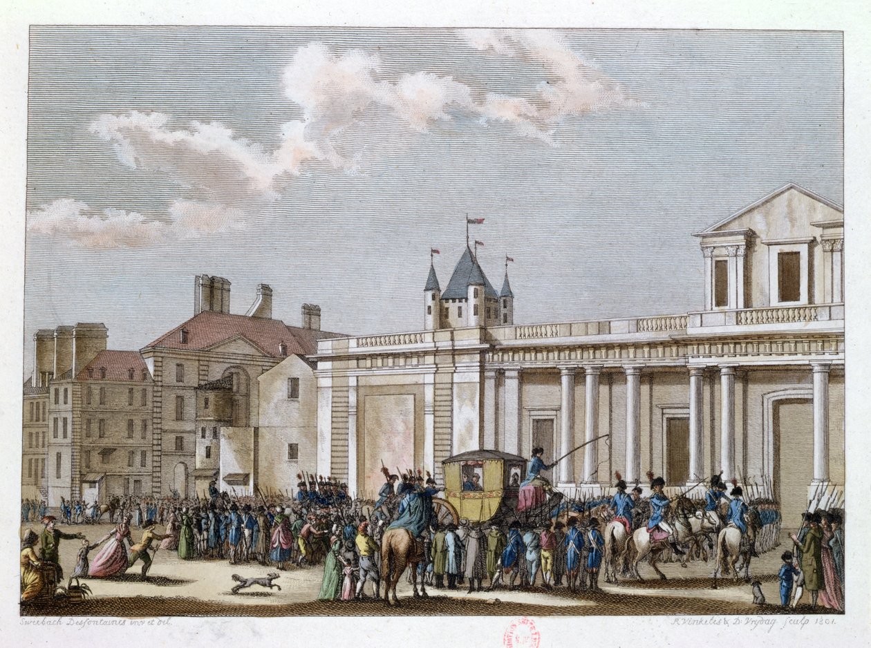 Ludvík XVI. (1754-93) a jeho rodina odvedena do chrámu, 13. srpna 1792, vyryto Reinier Vinkeles (1741-1816) a Daniel Vrydag (1765-1822) 1801 od Joseph Swebach Desfontaines