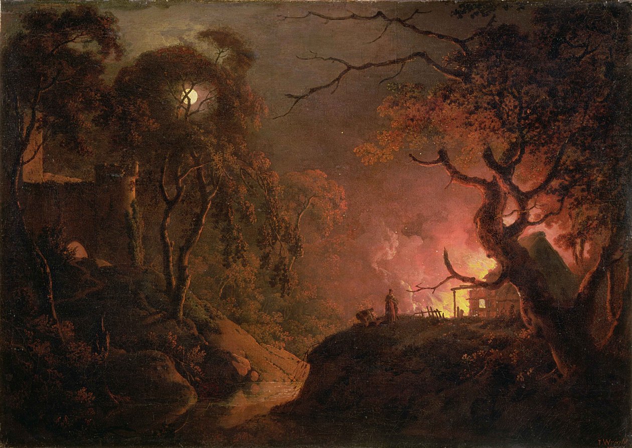 Chata v noci v plamenech, c.1785-93 od Joseph Wright of Derby