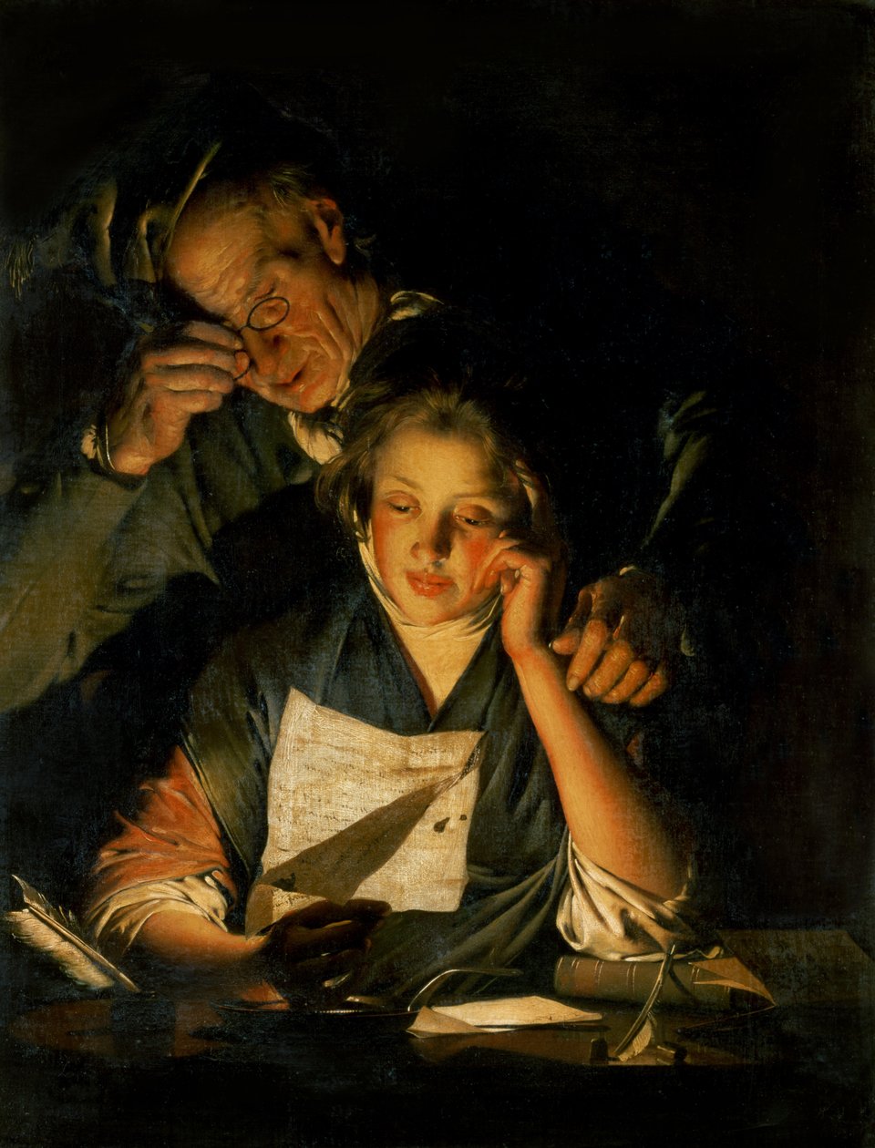 Dívka čtoucí dopis, se starým mužem čteným přes rameno, c.1767-70 od Joseph Wright of Derby