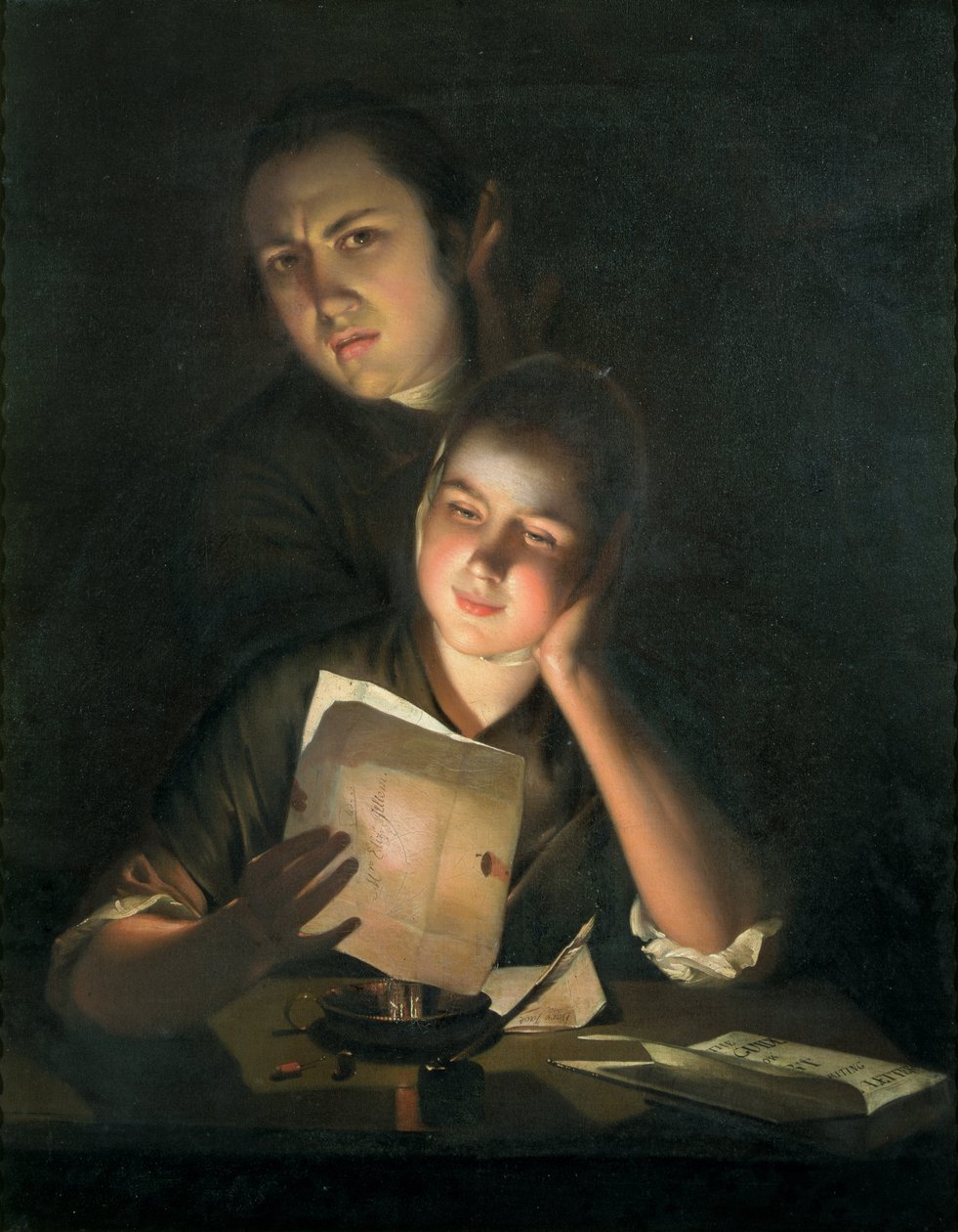 Dívka čtoucí dopis od Candlelight, s mladým mužem nahlížejícím přes rameno, kolem 1760-2 od Joseph Wright of Derby