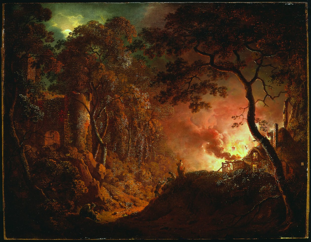 Chata v ohni, kolem 1786-87 od Joseph Wright of Derby