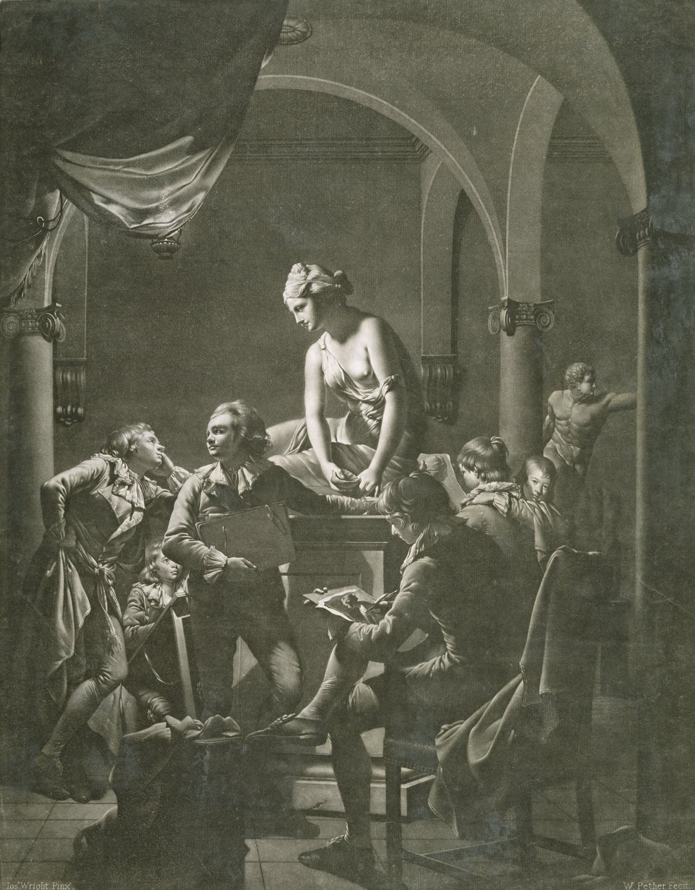 Akademie kreslení, vyryl William Pether (asi 1738-1821) asi 1772 (mezzotinta) od Joseph Wright of Derby