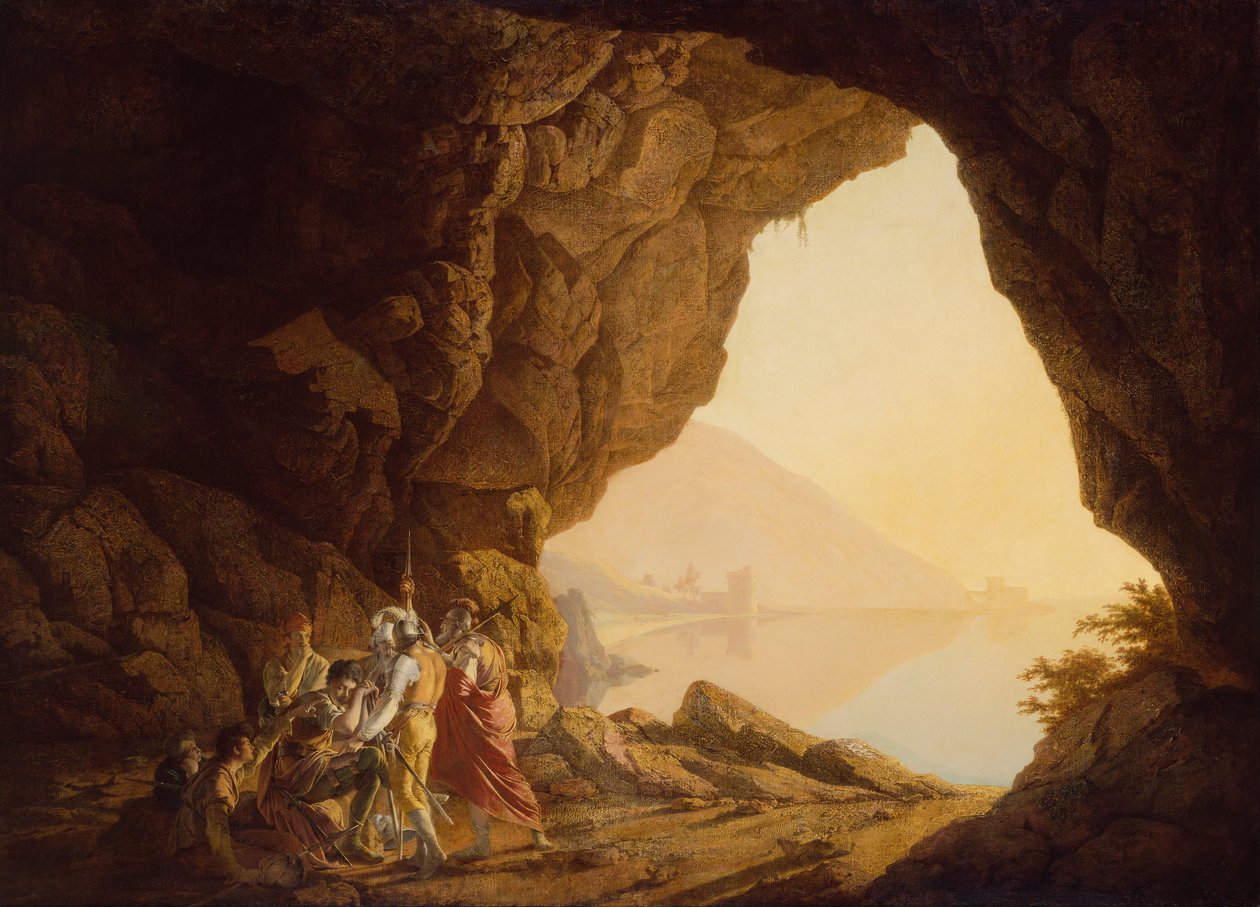Jeskyně u moře v Neapolském království s Banditti, západ slunce od Joseph Wright of Derby