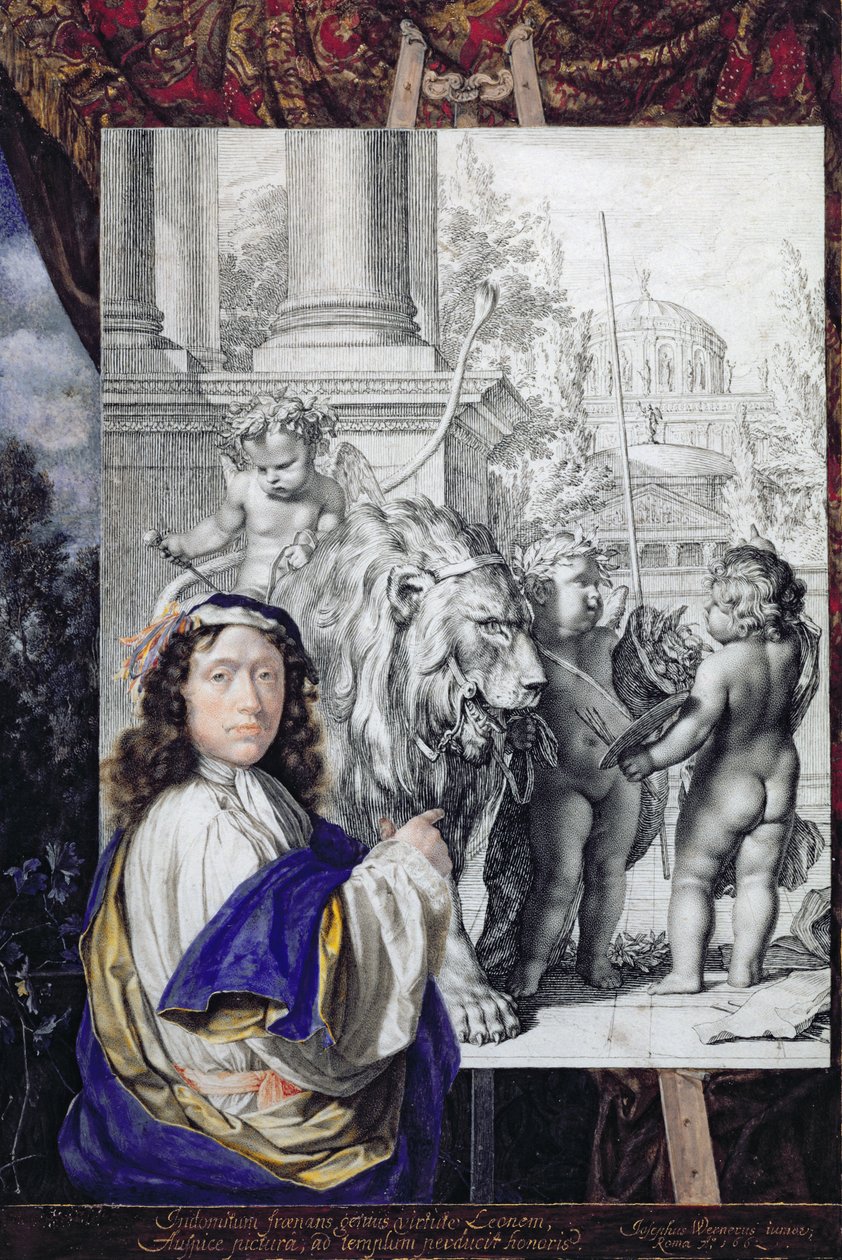 Autoportrét, 1662 (pero, inkoust a toaleta na pergamenu) od Joseph Werner