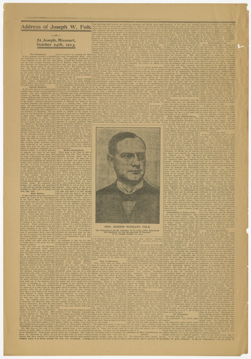 Adresa Josepha W. Folka, St. Joseph, Mo., kandidát na Missourské vedení, 24. října 1903 od Joseph Wingate Folk