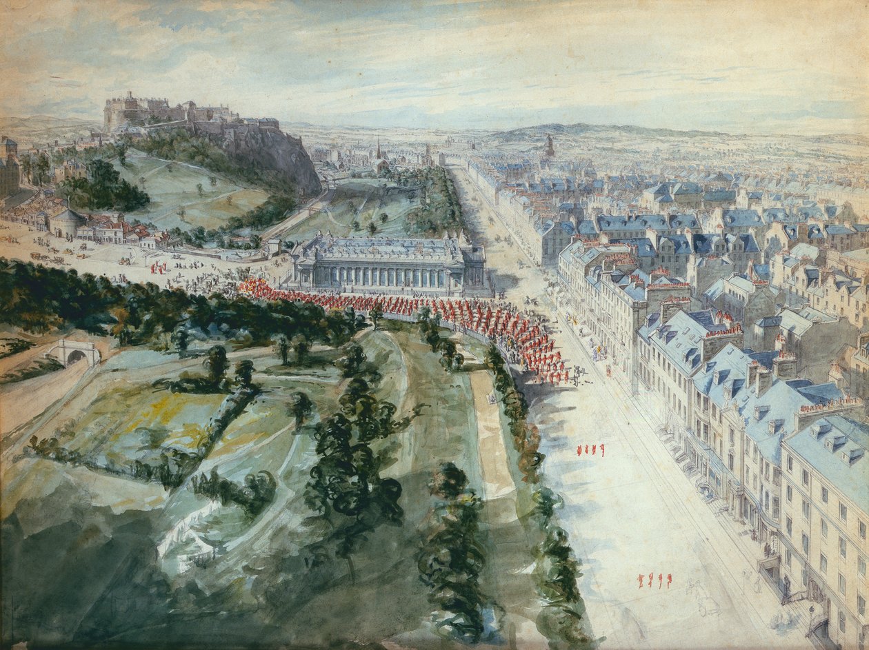 Princes Street, Edinburgh při pohledu na západ, 10.15 hod., srpen 1847, zobrazuje průvod, západně od instituce (wc) od Joseph Woodfall Ebsworth