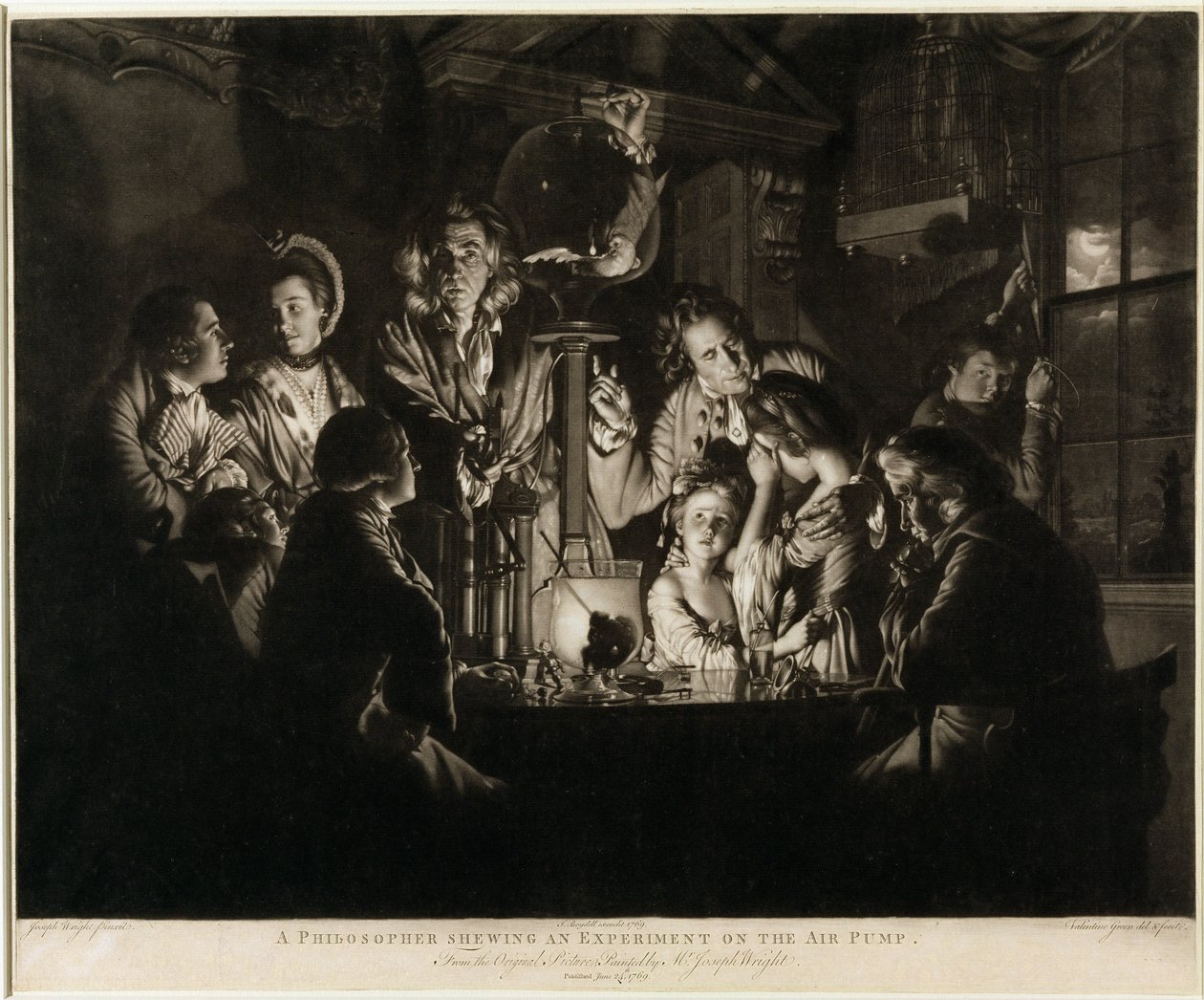 Filozof předvádějící experiment na vzduchové pumpě, vyrytý Valentinem Greenem (1739-1813) 1769 (mezzotinta, poškrábaný dopis) od Joseph Wright of Derby