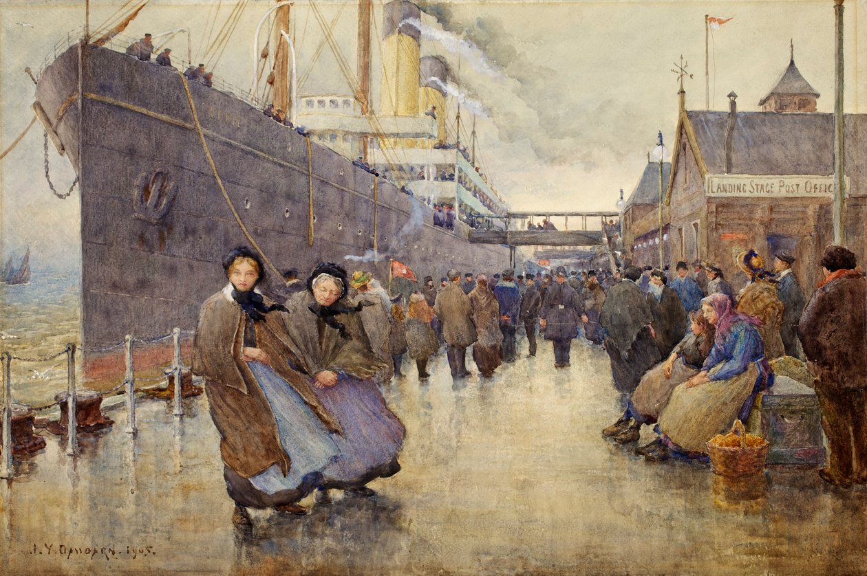 Den odjezdu, Liverpool Landing Stage, 1905 (čb na papíře) od Joseph Yelverton Dawbarn
