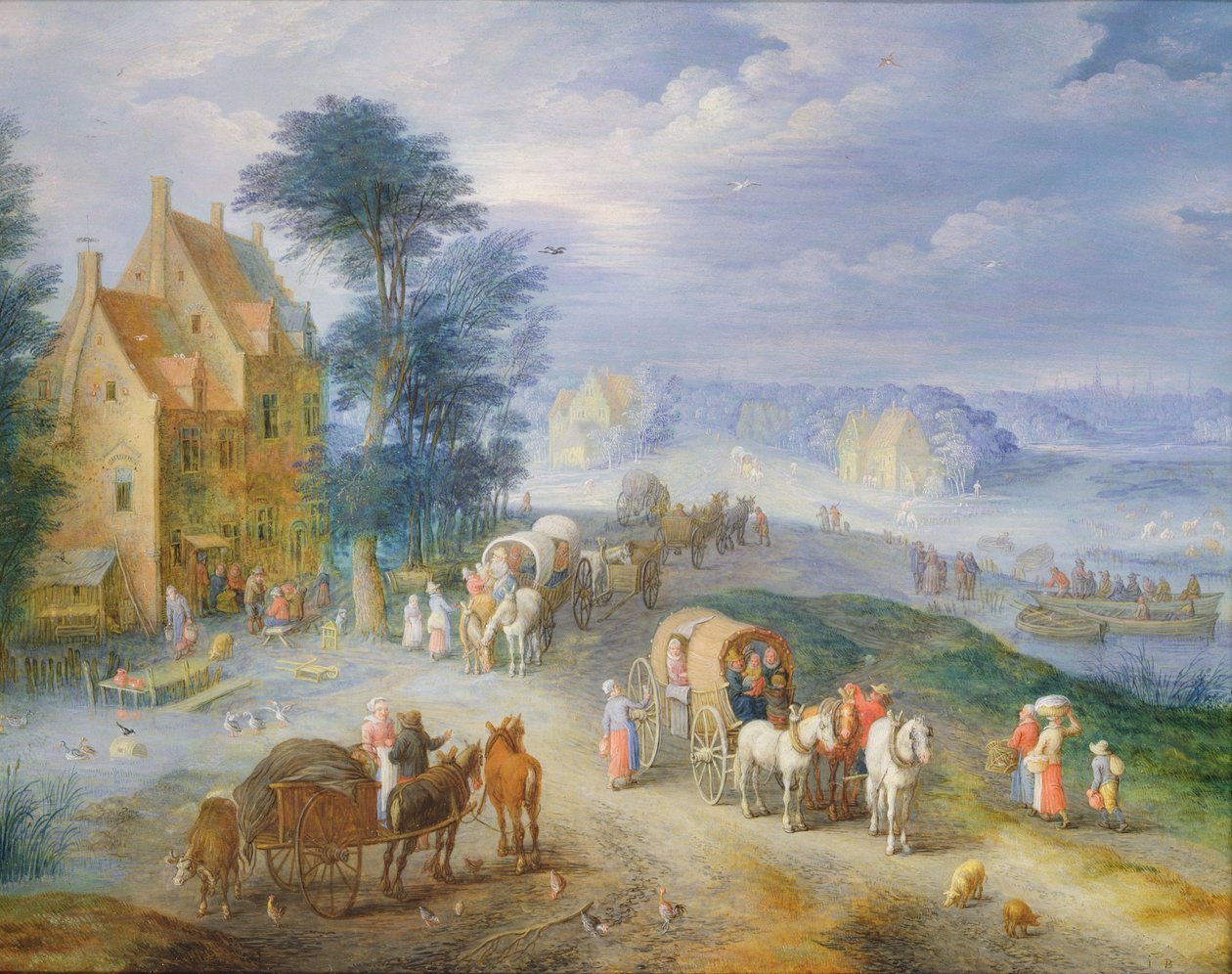 Krajina s rolníky, vozy a přívozem (olej na mědi) od Joseph van Bredael