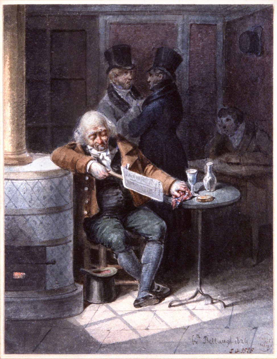 Starý muž čte noviny v kavárně, Paříž od Joseph Louis Hippolyte Bellange