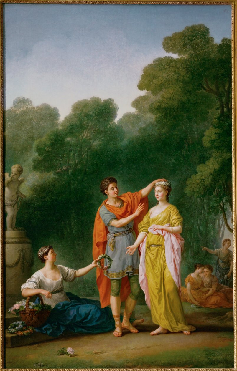 Milenec věnčí svou milou květinovým věncem... od Joseph Marie the Elder Vien