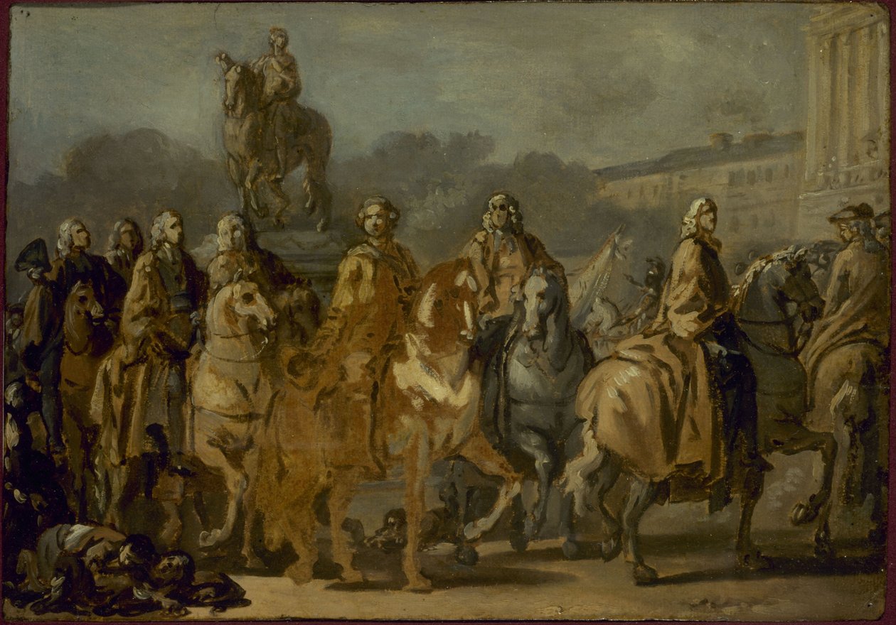 Slavnostní odhalení sochy Ludvíka XV. na stejnojmenném náměstí, které provedlo vedení města Paříže 20. června. od Joseph Marie the Elder Vien