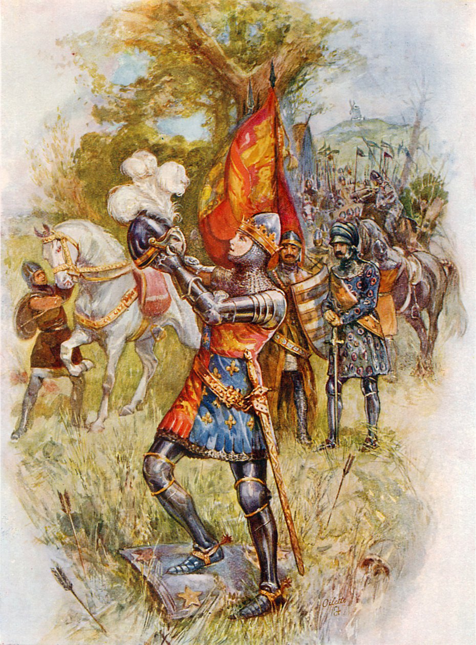 Černý princ Eduard v bitvě u Krécy (barevná litografie) od Joseph (after) Finnemore