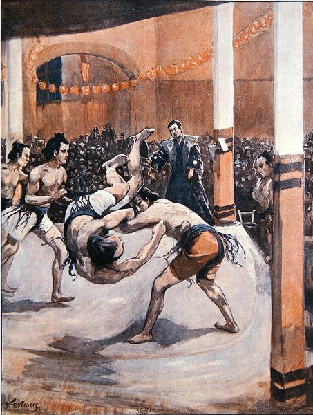 Tradiční japonský zápas: Zápasníci sumo předvádějící své umění na japonské výstavě v Londýně v roce 1910 (barevné lito) od Joseph (after) Finnemore