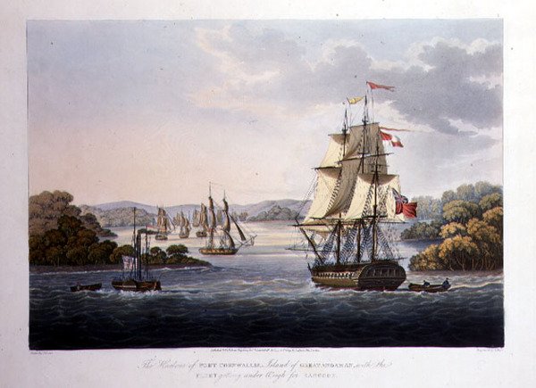 Přístav Port Cornwallis. Island of Great Andaman, with the Fleet Geting under Weigh for Rangún, rytina G. Hunt, pub. od Kingsbury & Co., Londýn od Joseph (after) Moore