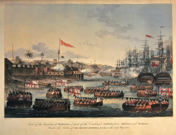 Pohled na vylodění v Rangúnu části spojených sil z Bengálska a Madrasu, pod rozkazem sira Archibalda Campbella, 11. května 1825, vyrytý Henry Pyallem (1795-1833) 1825 (ručně kolorovaná akvatinta) od Joseph (after) Moore
