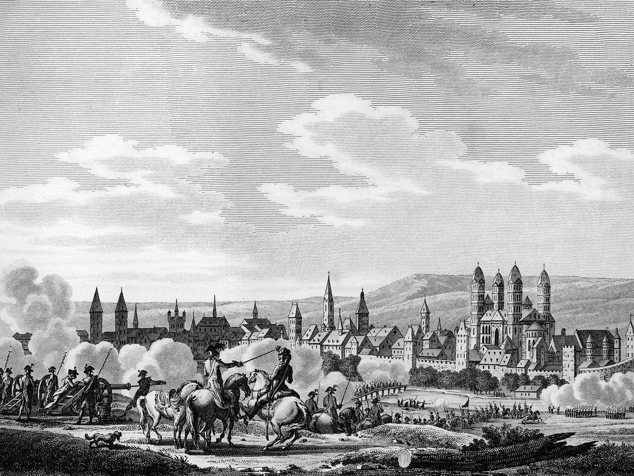 Francouzská revoluce a pruské protirevoluční hnutí: Dobytí města Speyer (německy Speyer) v říjnu 1792, Německo. Rytina Berthaut po Swebach. Paříž, knihovna Ústavu dějin revoluce od Joseph (after) Swebach Desfontaines