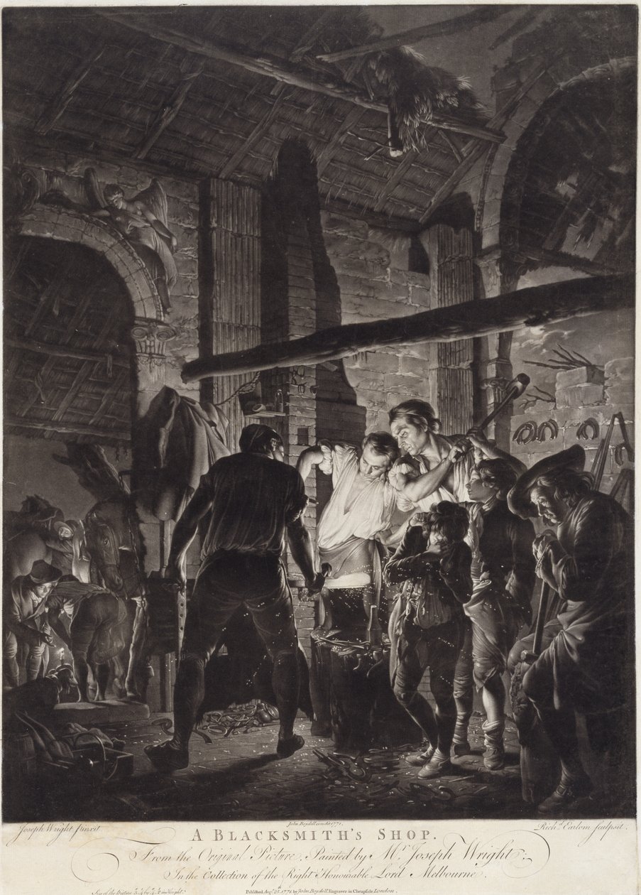 Kovárna, vyryl Richard Earlom (1743-97) od Joseph (after) Wright of Derby