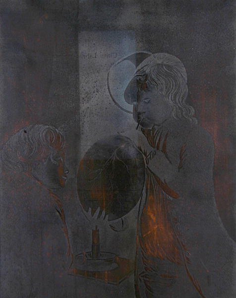 Talíř pro dva chlapce foukající měchýř při svíčkách, akvatinovaný Peterem Perezem Burdettem (1735-93) (akvatinta) (viz 272306) od Joseph (after) Wright of Derby