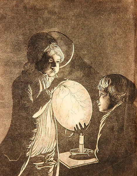 Dva chlapci foukající měchýř při svíčkách, akvatintovaný Peterem Perezem Burdettem (1735-93) (akvatinta) od Joseph (after) Wright of Derby