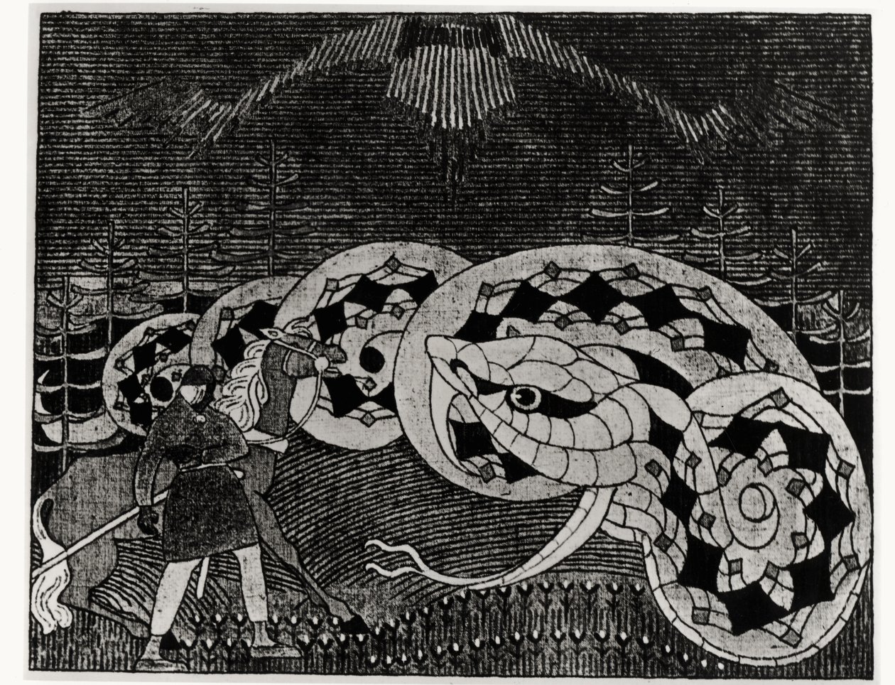 Seppo Llmarinen orá pole hadů, ilustrace z knihy "Kalevala", kterou sestavil a vydal Elias Lonnrot (1802-84) (rytina) (čb fotografie) od Joseph Alanen