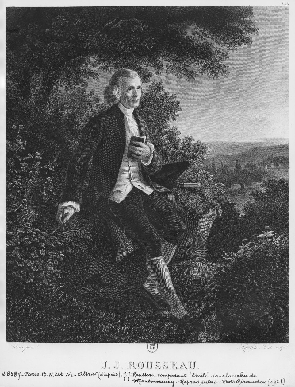 Jean-Jacques Rousseau píše "Emila" v údolí Montmorency, rytina Hippolyte Huet (19. století) od Joseph Albrier