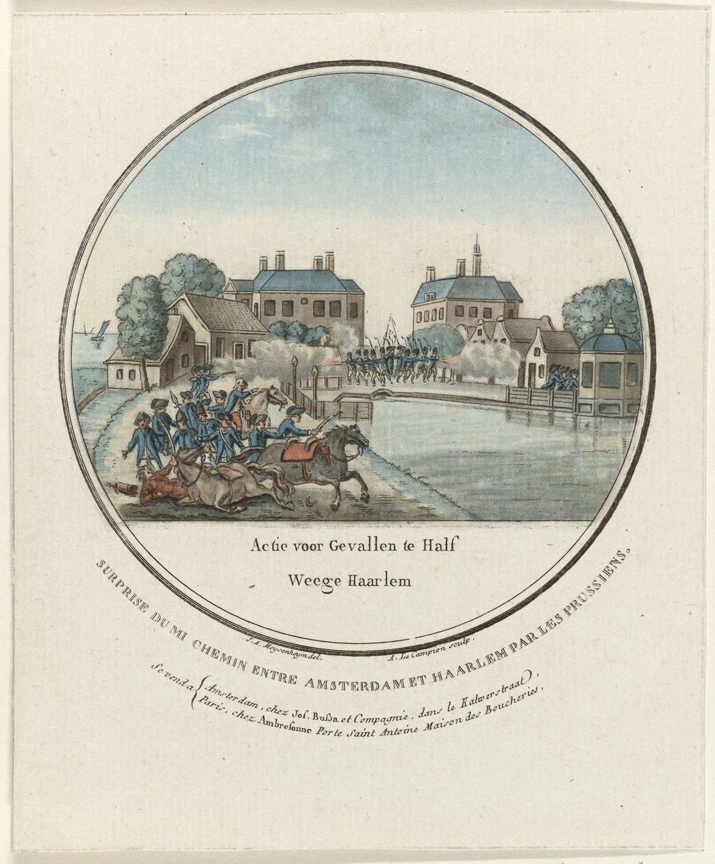 Útok na Halfweg, 1787 Akce pro Gevalle v Half Weege Haarlem / Surprise du mi chemin entre Amsterdam et Haarlem par les Prussiens (název na objektu) Francouzské desky z pruských útoků na Amsterdam v roce 1787 (název série) od Joseph Alexandre Le Campion