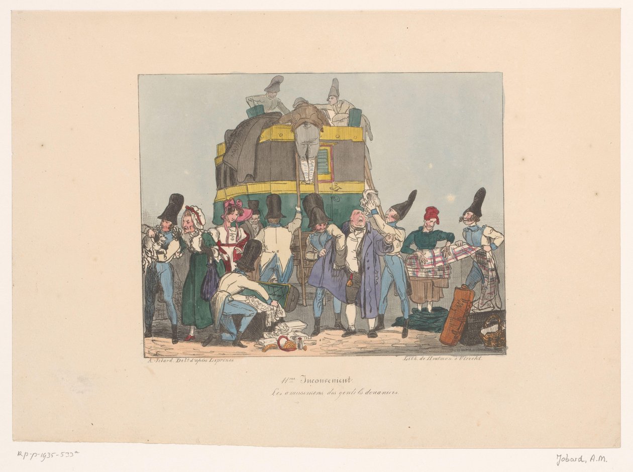 Celníci kontrolují věci cestujících Les amusements des gentils douaniers (název na objektu) Nepohodlí (název série) Nepohodlné (název série na objektu) od Joseph Ambroise Jobard