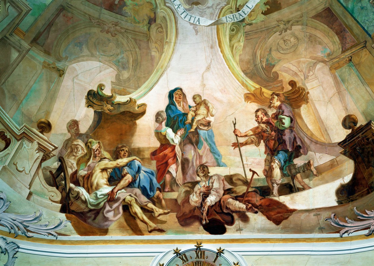 Stropní freska v kostele v Birnau: přímo pod klaněním pastýřů autoportrét umělce s obvázanou nohou ... (freska) od Joseph Anton (1696 1770) Feuchtmayer