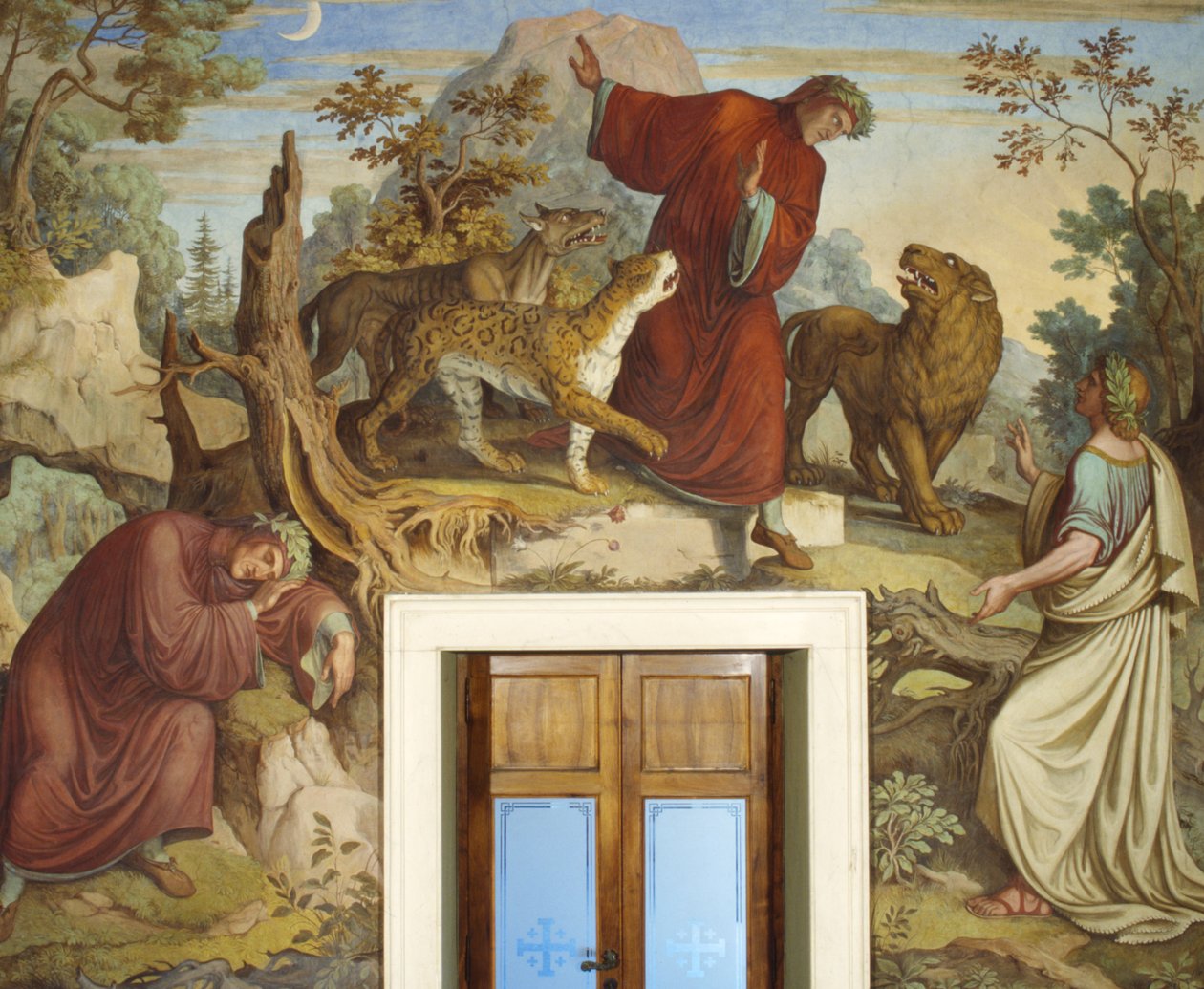 Dante spící, napaden divokými zvířaty a setkání s Virgilem od Joseph Anton Koch