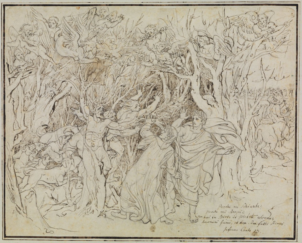 Dante a Vergilius v lese sebevrahů (Dante, Peklo, 13. zpěv) od Joseph Anton Koch